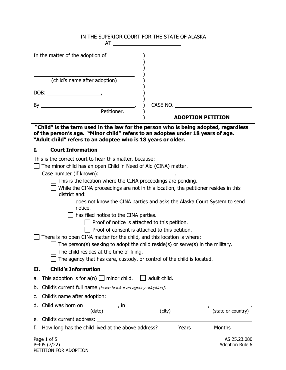 Form P-405 Adoption Petition - Alaska, Page 1