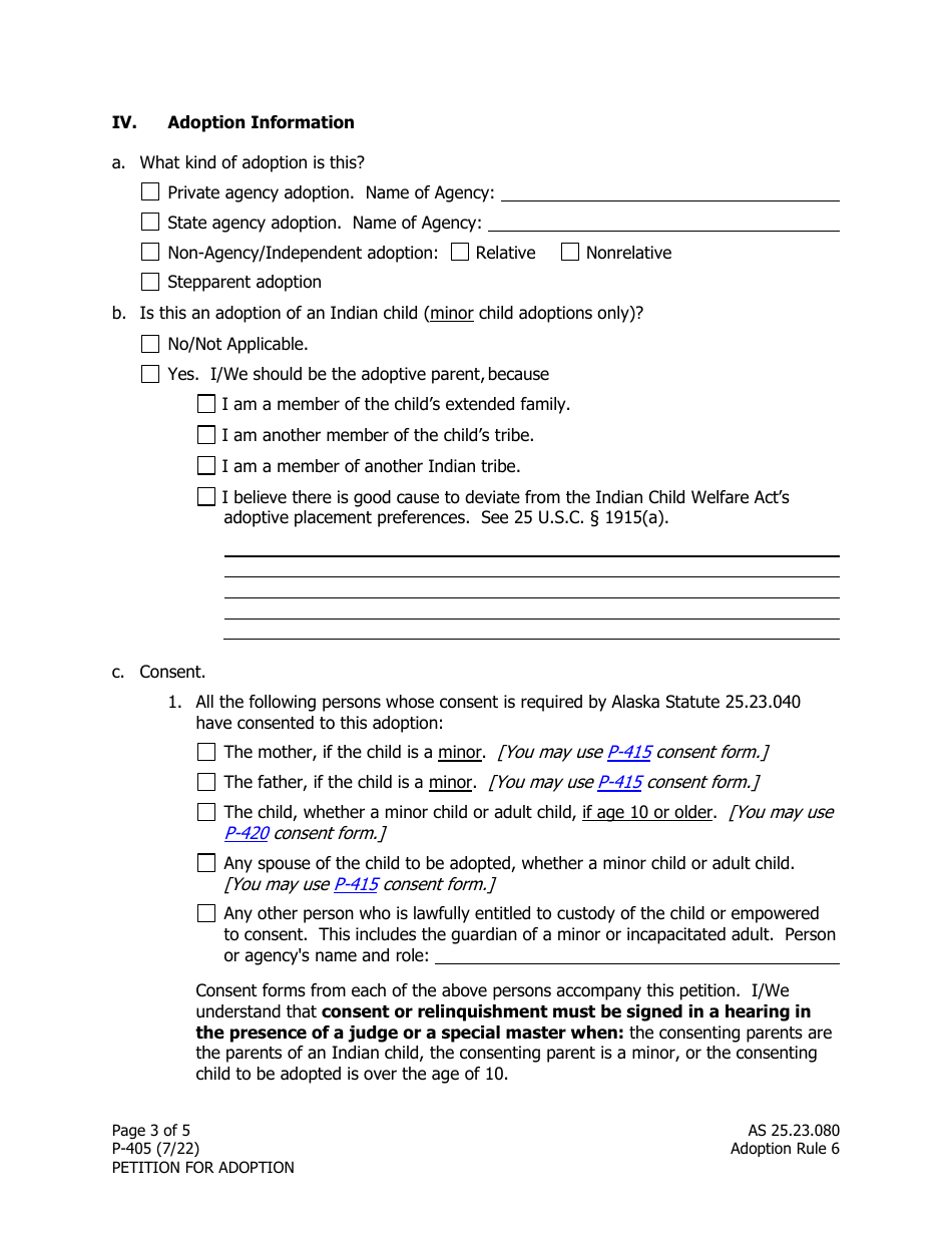 Form P-405 Adoption Petition - Alaska, Page 3
