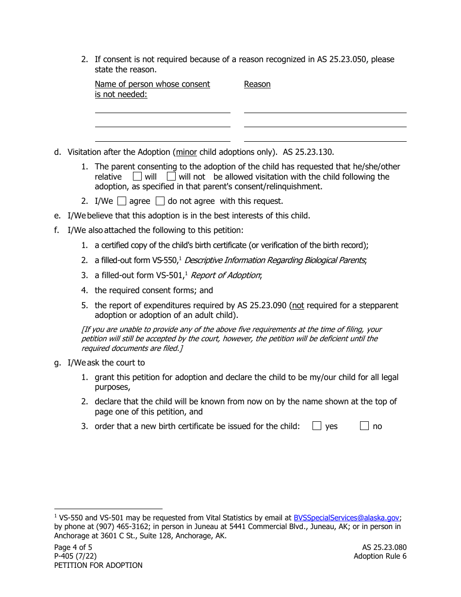 Form P-405 Adoption Petition - Alaska, Page 4
