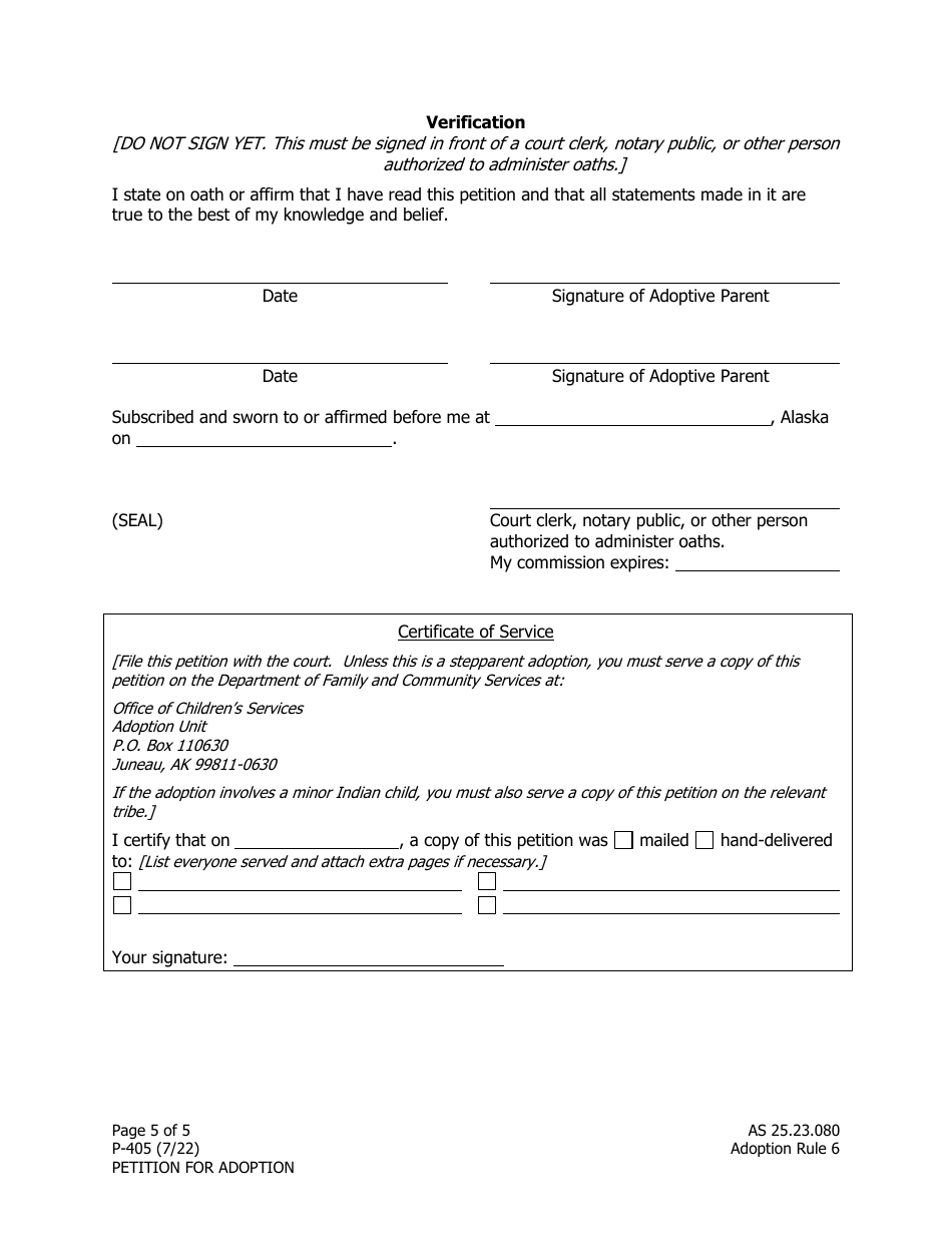 Form P-405 Adoption Petition - Alaska, Page 5