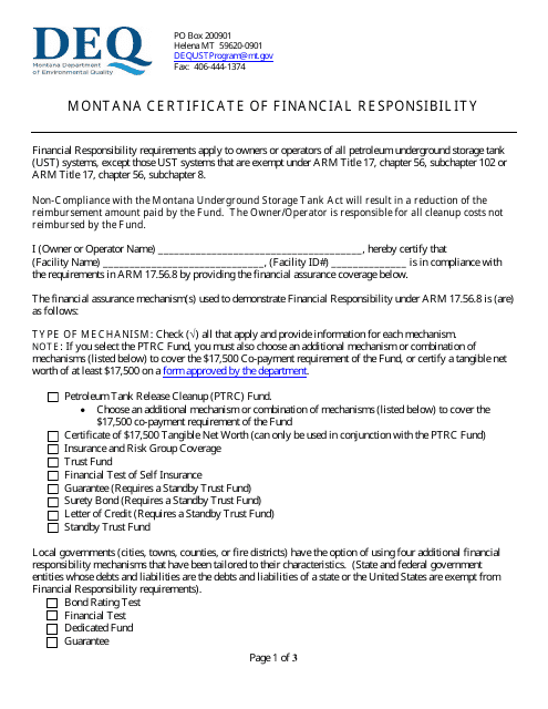 Montana Certificate of Financial Responsibility - Montana Download Pdf