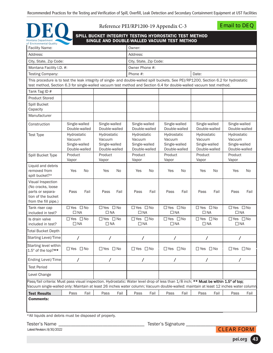 Montana Spill Bucket Integrity Testing Hydrostatic Test Method, Single
