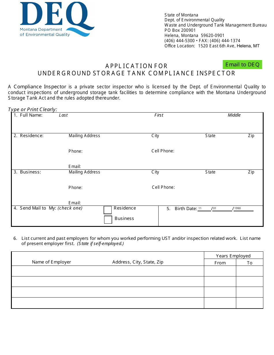Application for Underground Storage Tank Compliance Inspector - Montana, Page 1