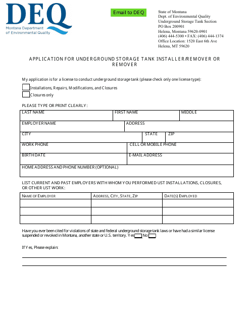 Application for Underground Storage Tank Installer / Remover or Remover - Montana Download Pdf