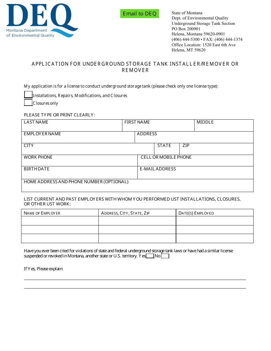 Application for Underground Storage Tank Installer / Remover or Remover - Montana, Page 1