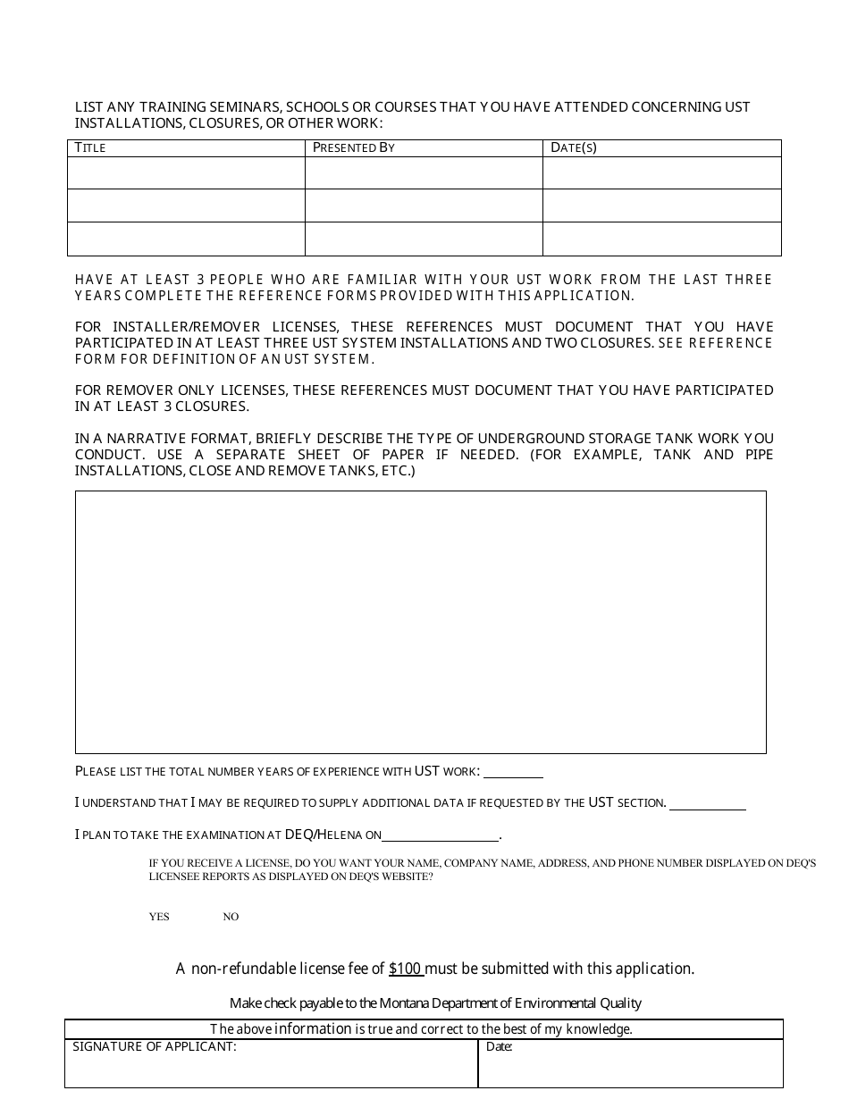 Application for Underground Storage Tank Installer / Remover or Remover - Montana, Page 2