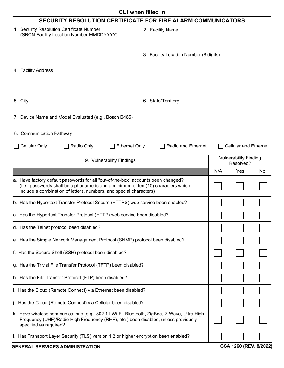 GSA Form 1260 Security Resolution Certificate for Fire Alarm Communicators, Page 1