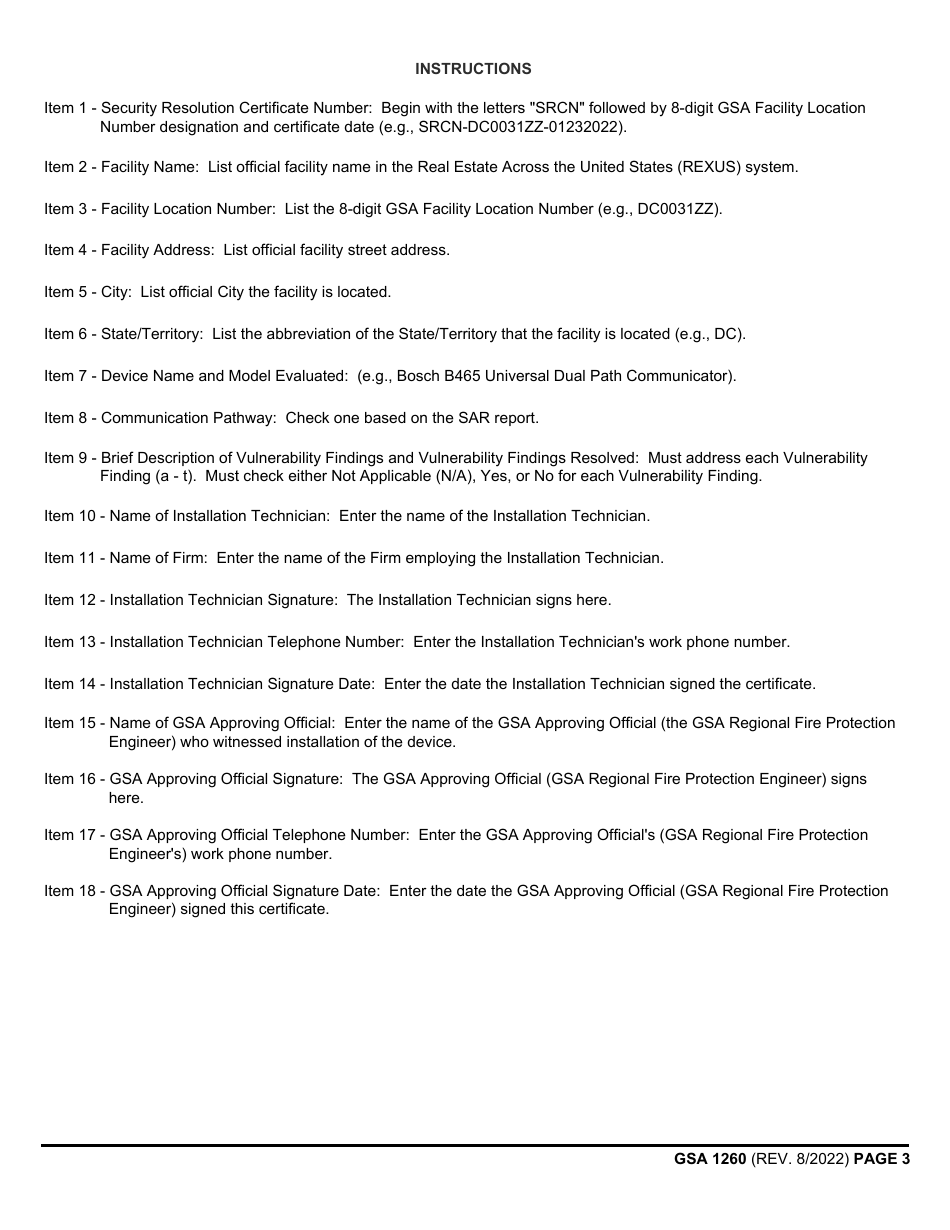 GSA Form 1260 Security Resolution Certificate for Fire Alarm Communicators, Page 3