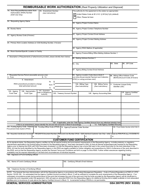 GSA Form 2957PD Reimbursable Work Authorization (Real Property Utilization and Disposal)
