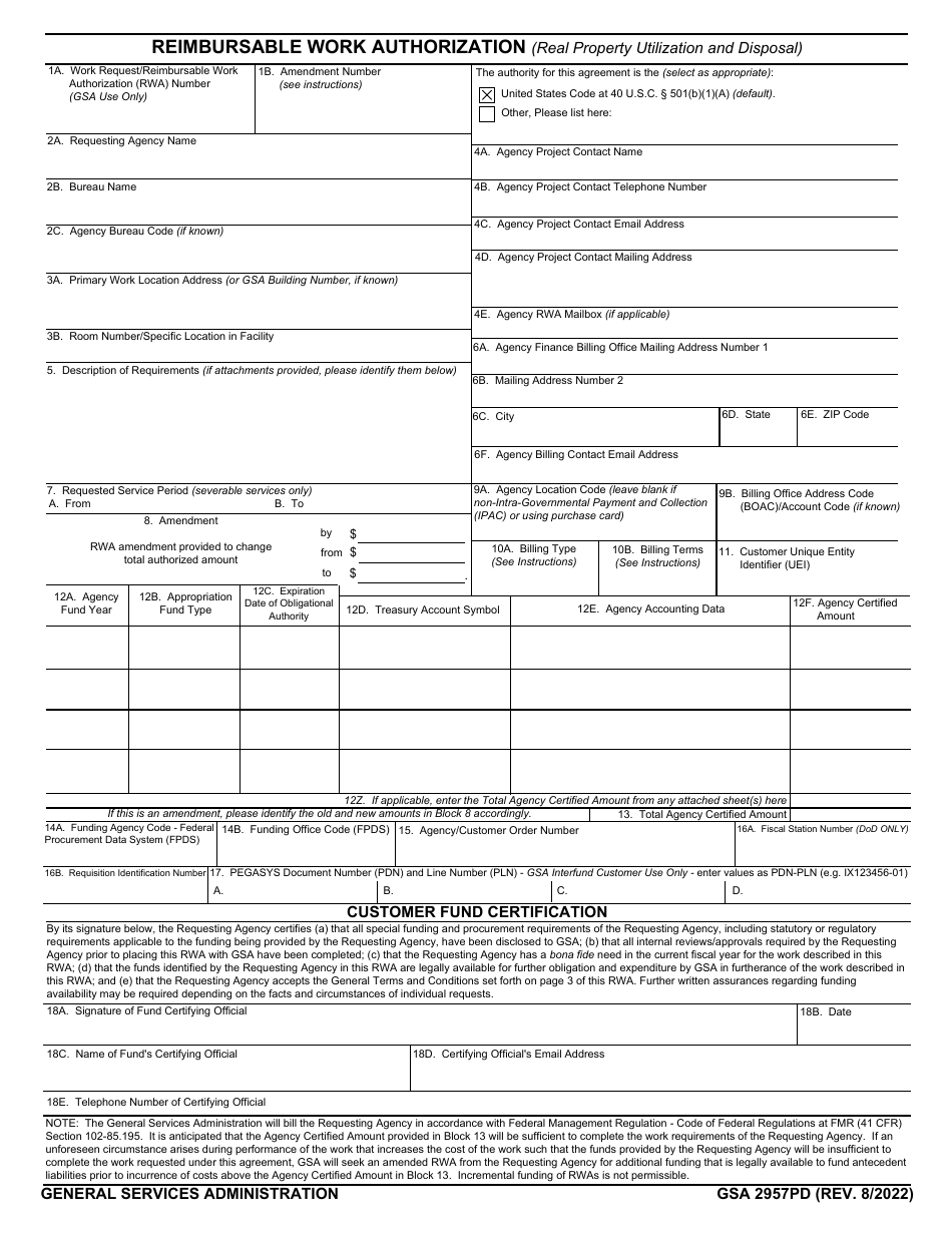GSA Form 2957PD Reimbursable Work Authorization (Real Property Utilization and Disposal), Page 1