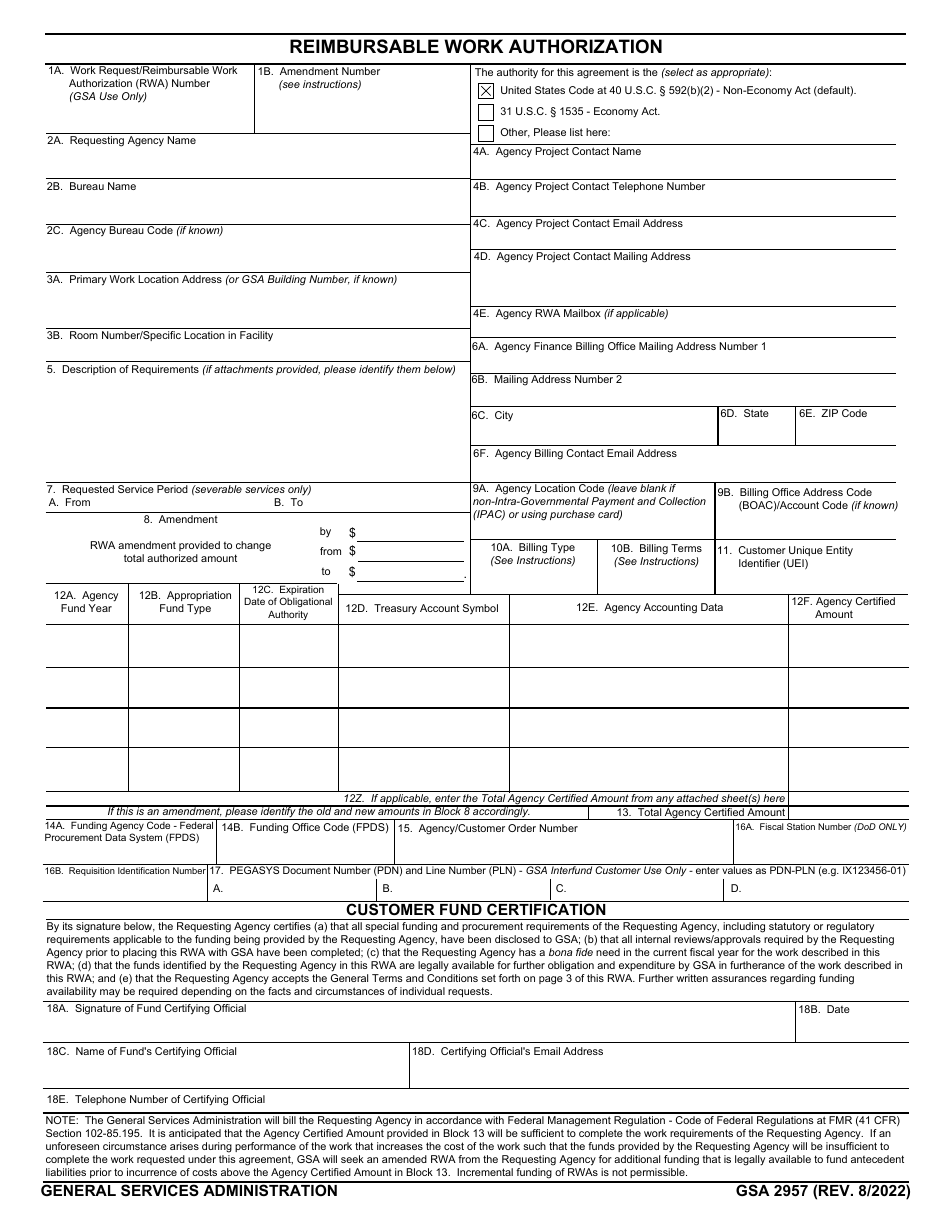 GSA Form 2957 Download Fillable PDF or Fill Online Reimbursable Work ...