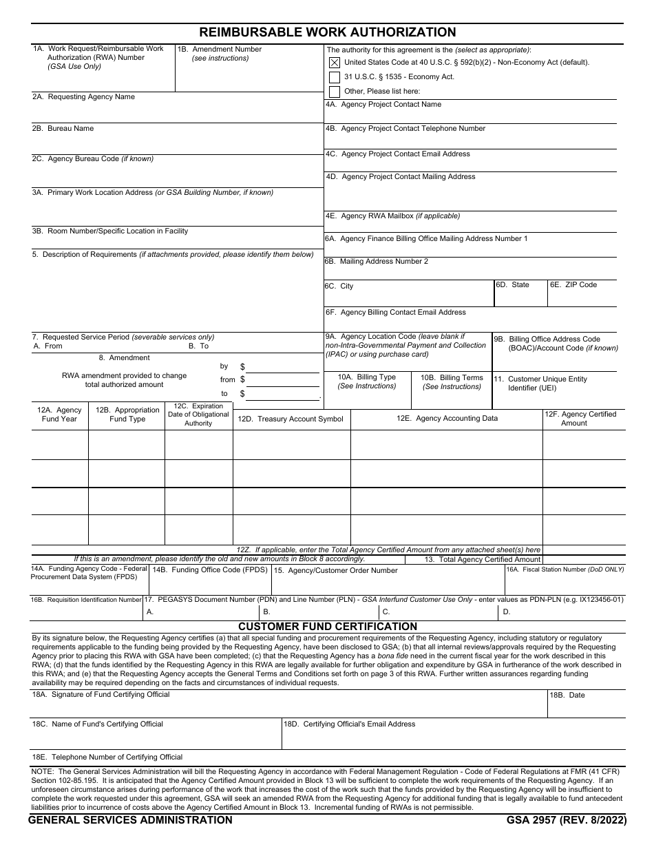 GSA Form 2957 Reimbursable Work Authorization, Page 1