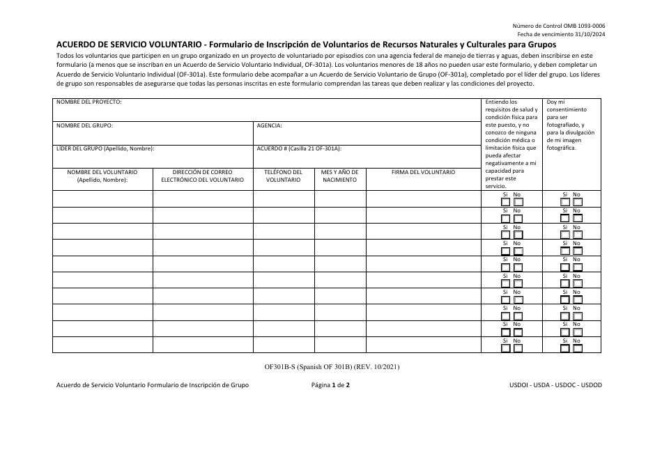 Formulario OF-301B-S Acuerdo De Servicio Voluntario - Formulario De Inscripcion De Voluntarios De Recursos Naturales Y Culturales Para Grupos (Spanish), Page 1
