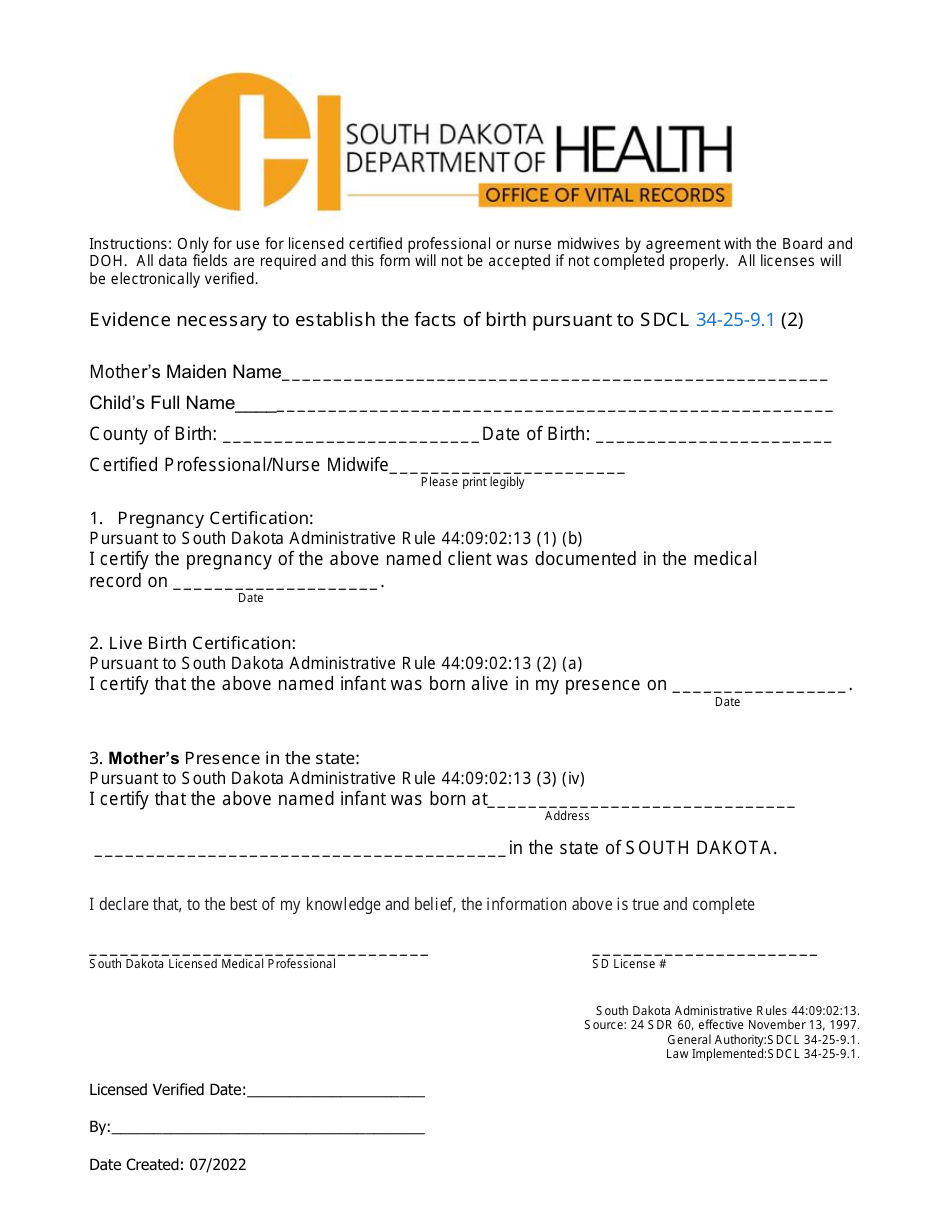 Birth Certificate Evidence Form - South Dakota, Page 1