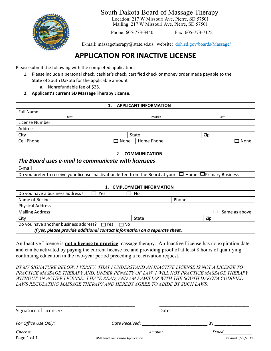 Application for Inactive License - South Dakota, Page 1