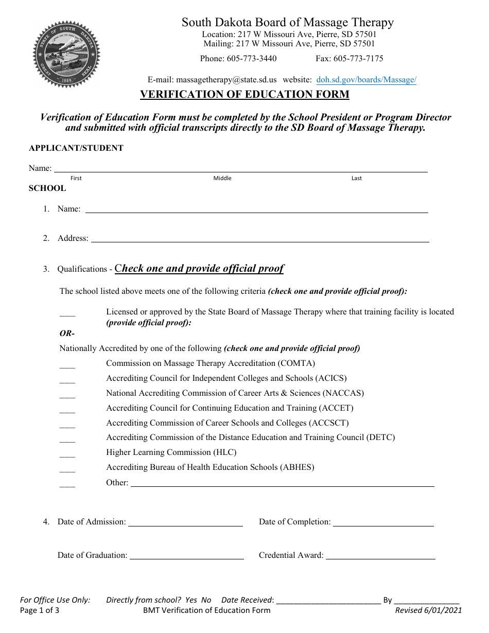 South Dakota Verification of Education Form Fill Out, Sign Online and