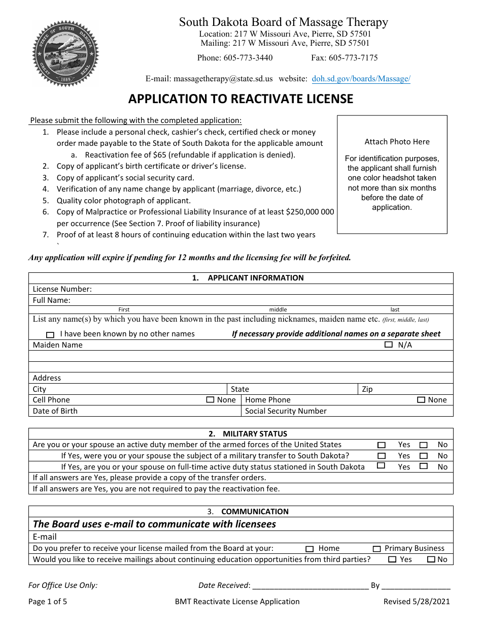 Application to Reactivate License - South Dakota, Page 1