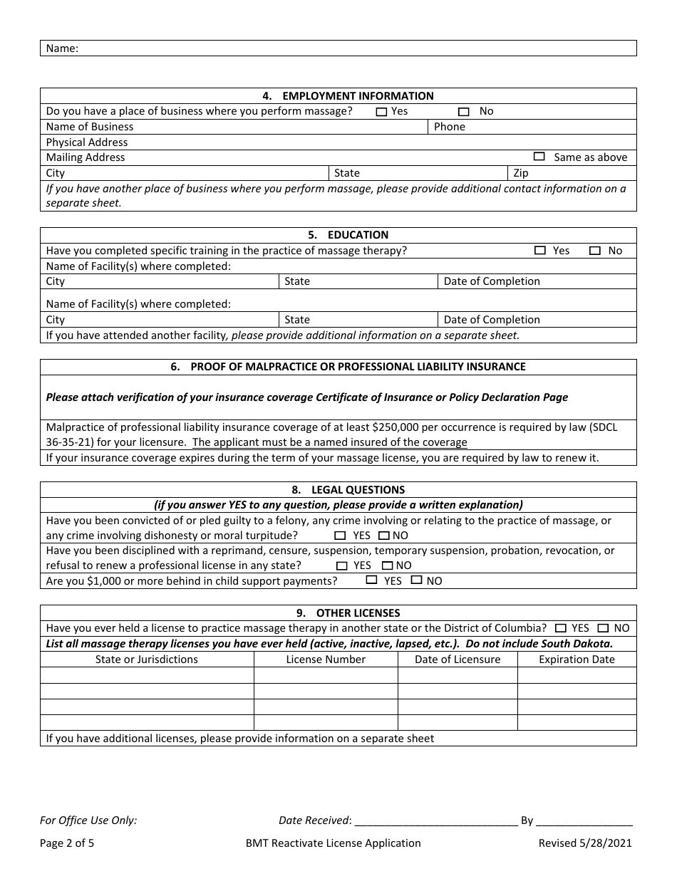 Application to Reactivate License - South Dakota, Page 2