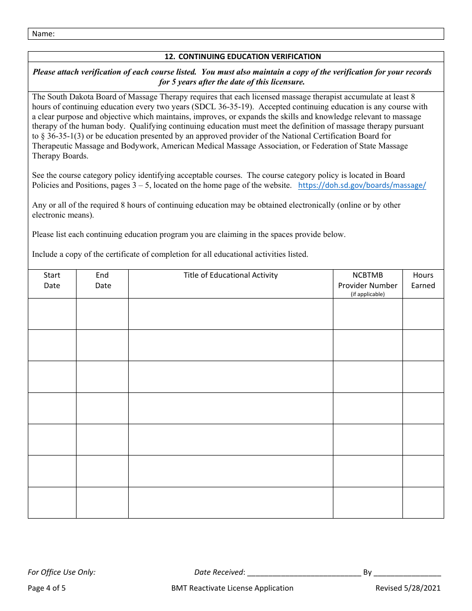 Application to Reactivate License - South Dakota, Page 4