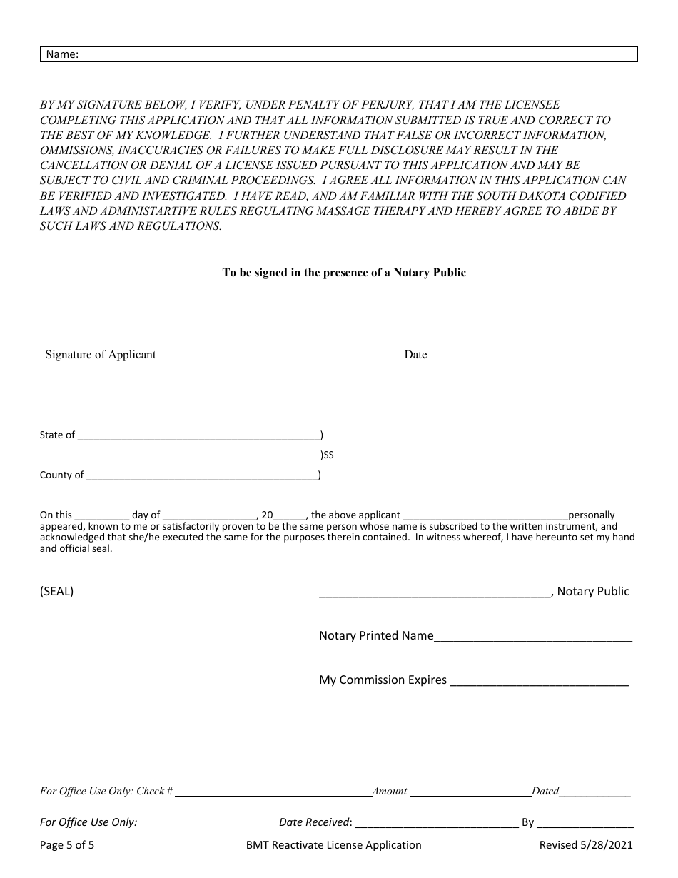 Application to Reactivate License - South Dakota, Page 5