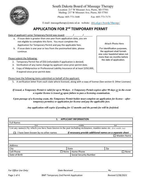 Application for 2nd Temporary Permit - South Dakota