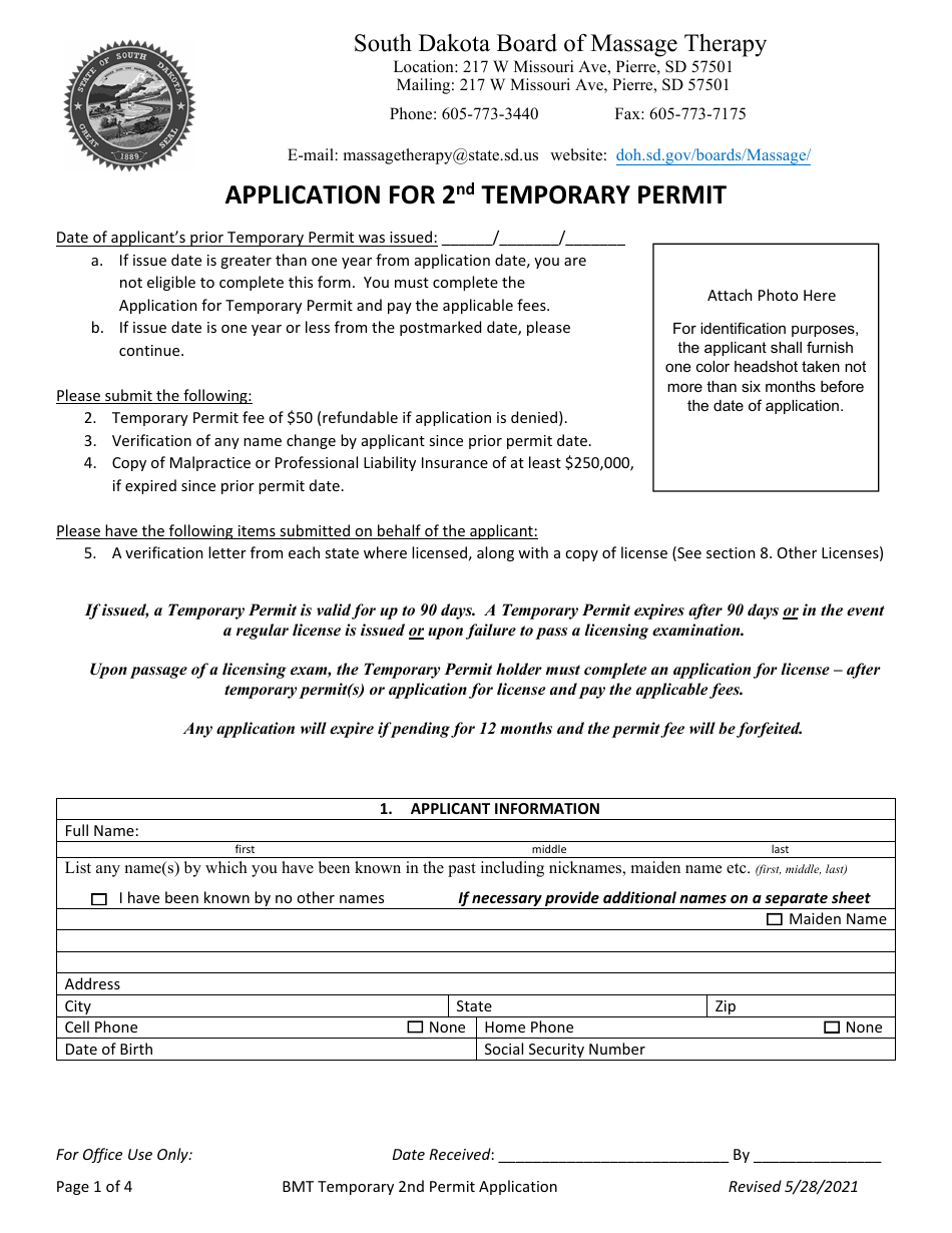 Application for 2nd Temporary Permit - South Dakota, Page 1