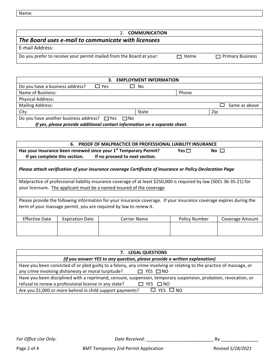Application for 2nd Temporary Permit - South Dakota, Page 2