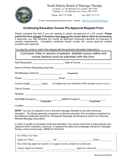 Continuing Education Course Pre-approval Request Form - South Dakota Download Pdf