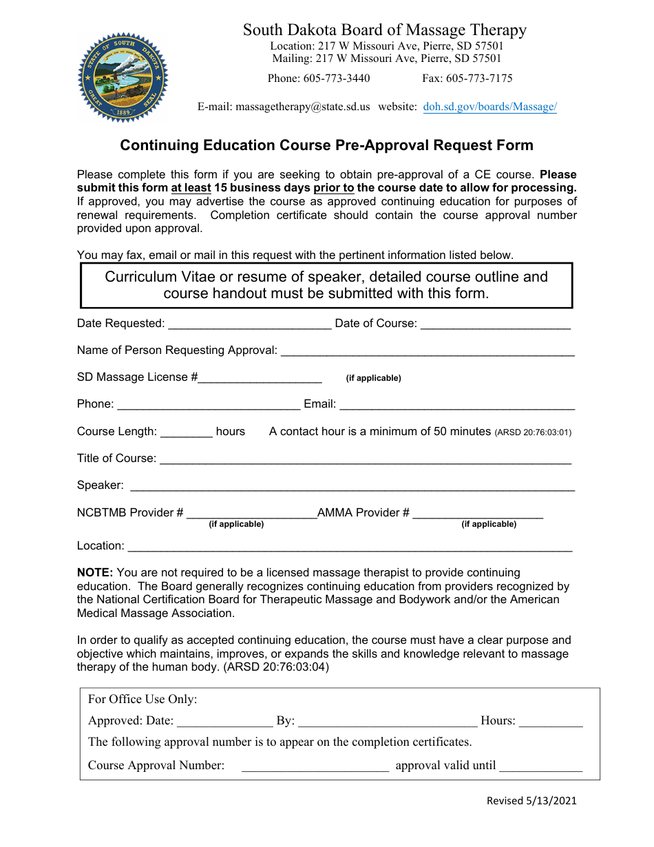 Continuing Education Course Pre-approval Request Form - South Dakota, Page 1