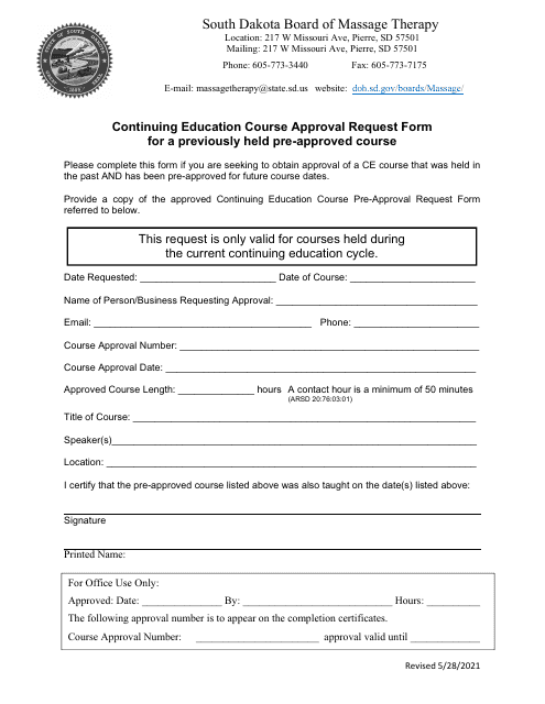 Continuing Education Course Approval Request Form for a Previously Held Pre-approved Course - South Dakota