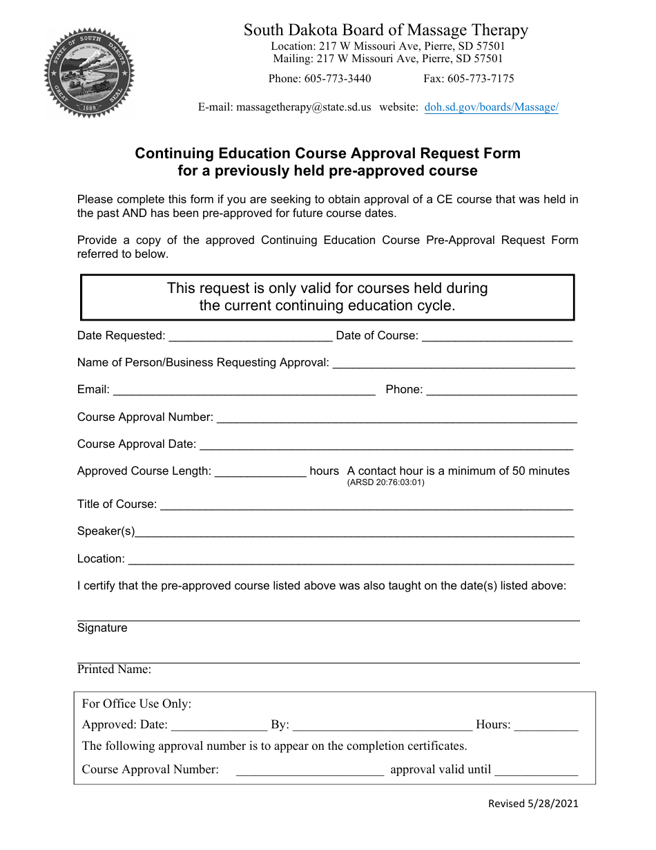 Continuing Education Course Approval Request Form for a Previously Held Pre-approved Course - South Dakota, Page 1