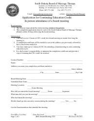 Document preview: Application for Continuing Education Credit in Person Attendance of a Board Meeting - South Dakota