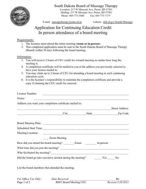 Application for Continuing Education Credit in Person Attendance of a Board Meeting - South Dakota Download Pdf