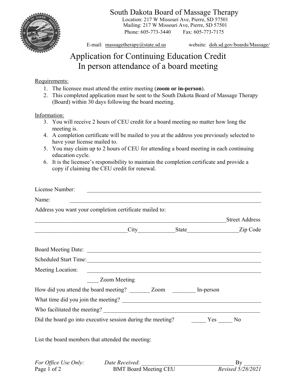 Application for Continuing Education Credit in Person Attendance of a Board Meeting - South Dakota, Page 1