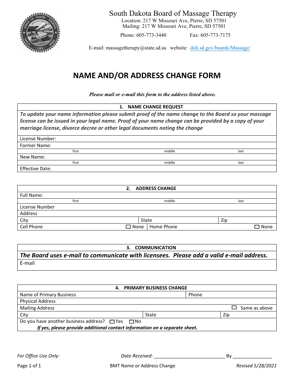 South Dakota Name and/or Address Change Form Fill Out, Sign Online and Download PDF