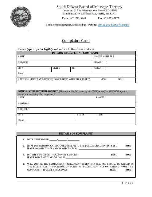 Complaint Form - South Dakota Download Pdf