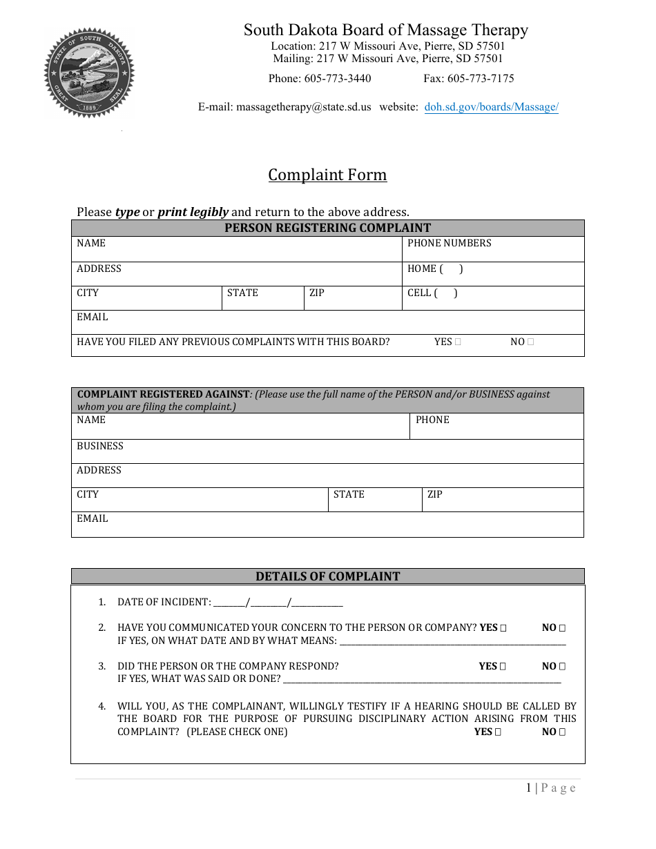Complaint Form - South Dakota, Page 1