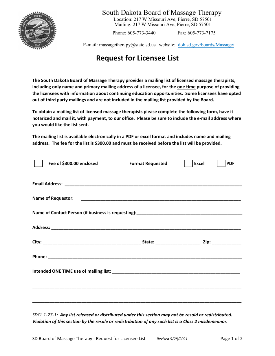 Request for Licensee List - South Dakota, Page 1