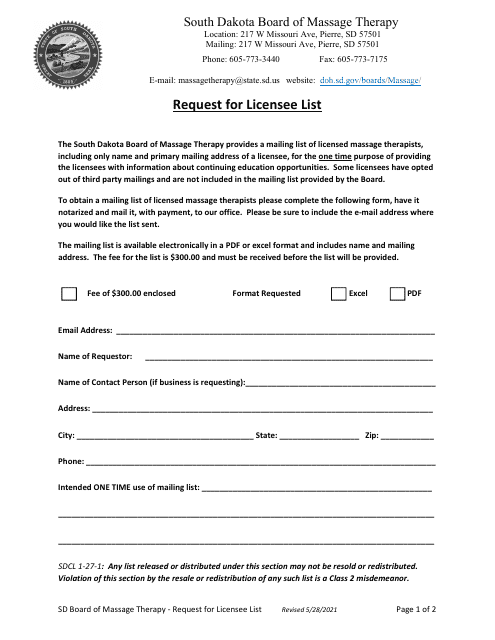 Request for Licensee List - South Dakota Download Pdf
