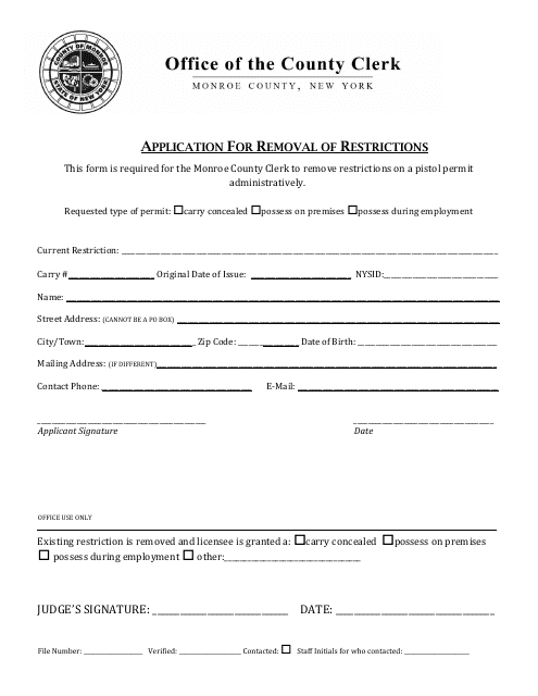 Application for Removal of Restrictions - Monroe County, New York Download Pdf