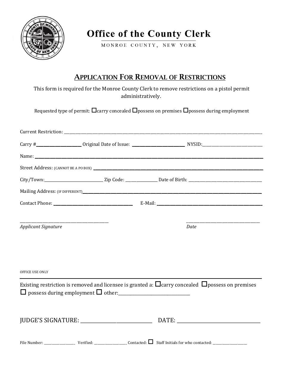 Application for Removal of Restrictions - Monroe County, New York, Page 1