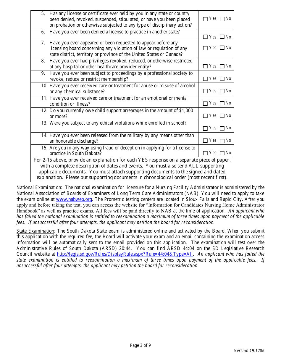 Application for Initial Licensure - Board of Nursing Facility Administrators - South Dakota, Page 3