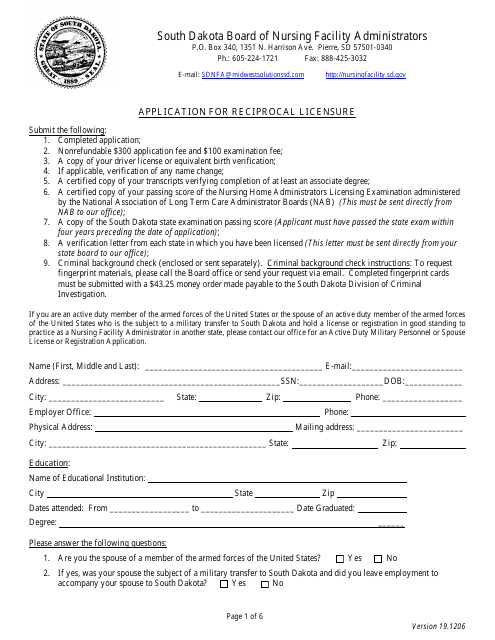 Application for Reciprocal Licensure - Board of Nursing Facility Administrators - South Dakota Download Pdf