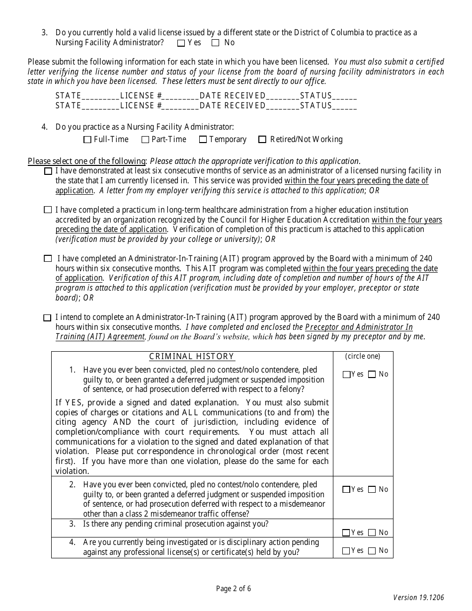 Application for Reciprocal Licensure - Board of Nursing Facility Administrators - South Dakota, Page 2