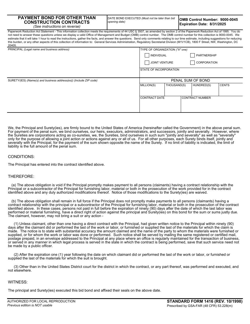 Form SF-1416 Payment Bond for Other Than Construction Contracts, Page 1