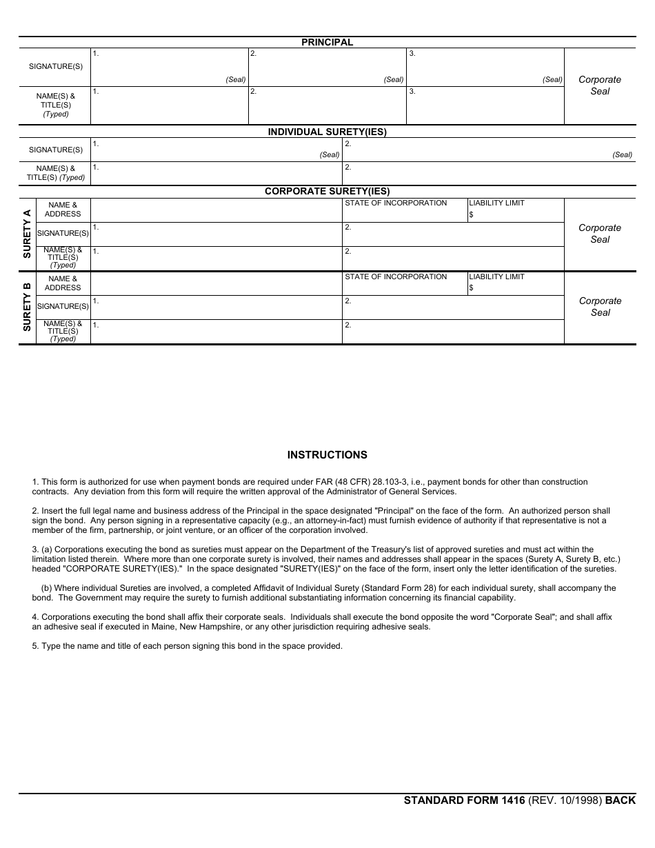 Form SF-1416 Payment Bond for Other Than Construction Contracts, Page 2