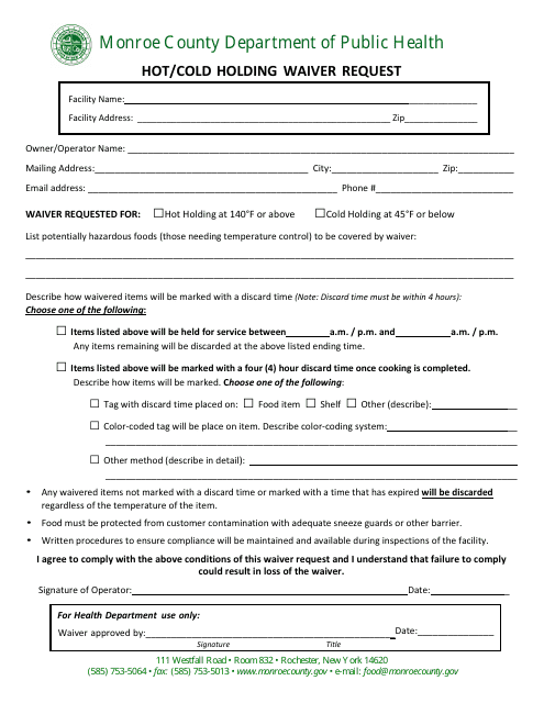 Hot / Cold Holding Waiver Request - Monroe County, New York Download Pdf