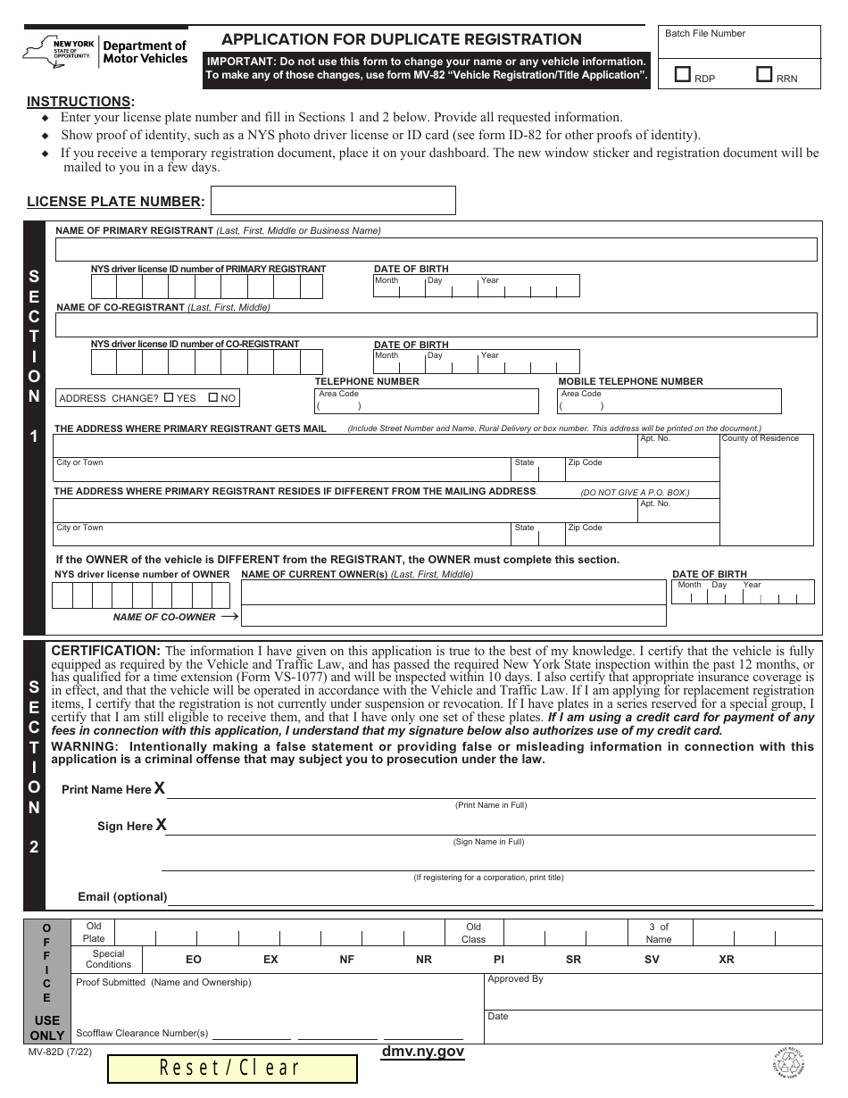 Form MV-82D Download Fillable PDF or Fill Online Application for ...