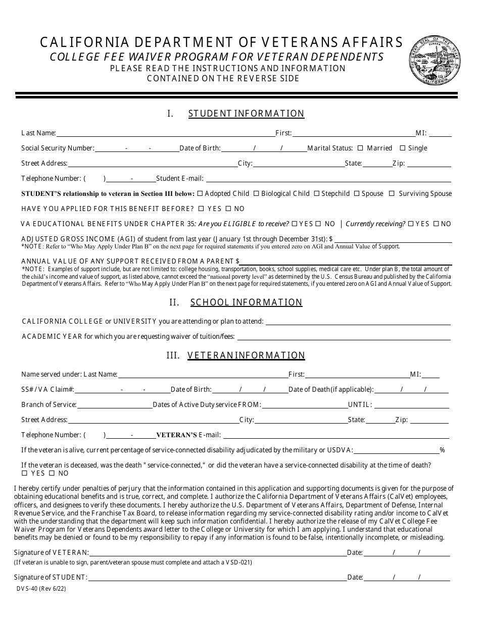 Form DVS40 Download Fillable PDF or Fill Online Application College