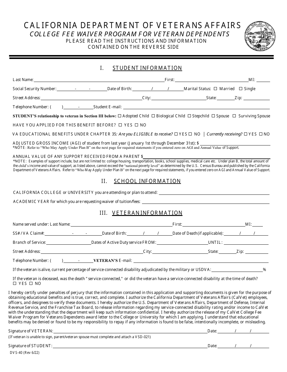 Form DVS-40 Application - College Fee Waiver Program for Veteran Dependents - California, Page 1